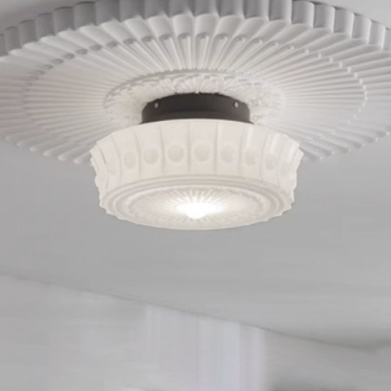 Contemporary Retro Iron Glass Lace Floral Relief Pattern Drum Shade 3-Light Semi-Flush Mount Ceiling Light For Living Room
