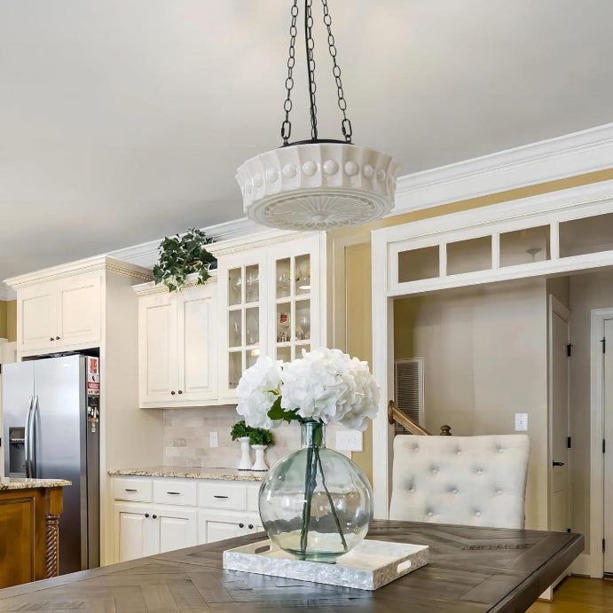 Contemporary Retro Iron Glass Lace Floral Relief Pattern Drum Shade 3-Light Chandelier For Living Room