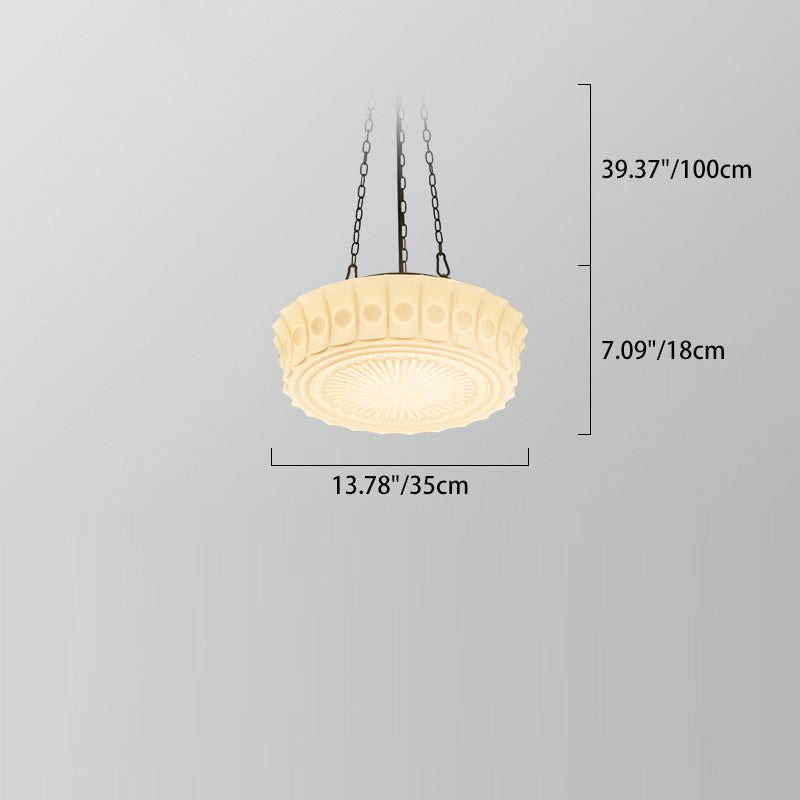 Contemporary Retro Iron Glass Lace Floral Relief Pattern Drum Shade 3-Light Chandelier For Living Room