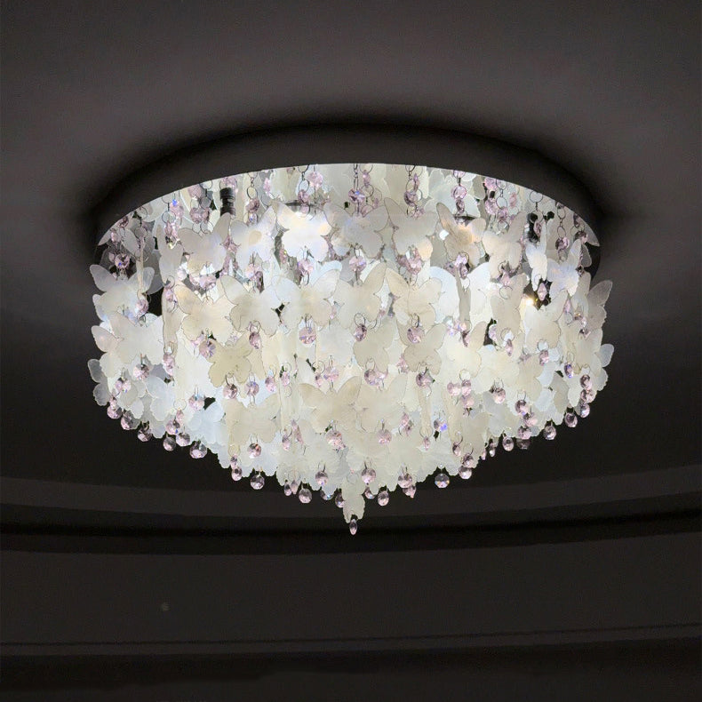 Contemporary Creative Stainless Steel Crystal Butterfly Shape Shell Wind Chime LED Flush Mount Ceiling Light For Bedroom