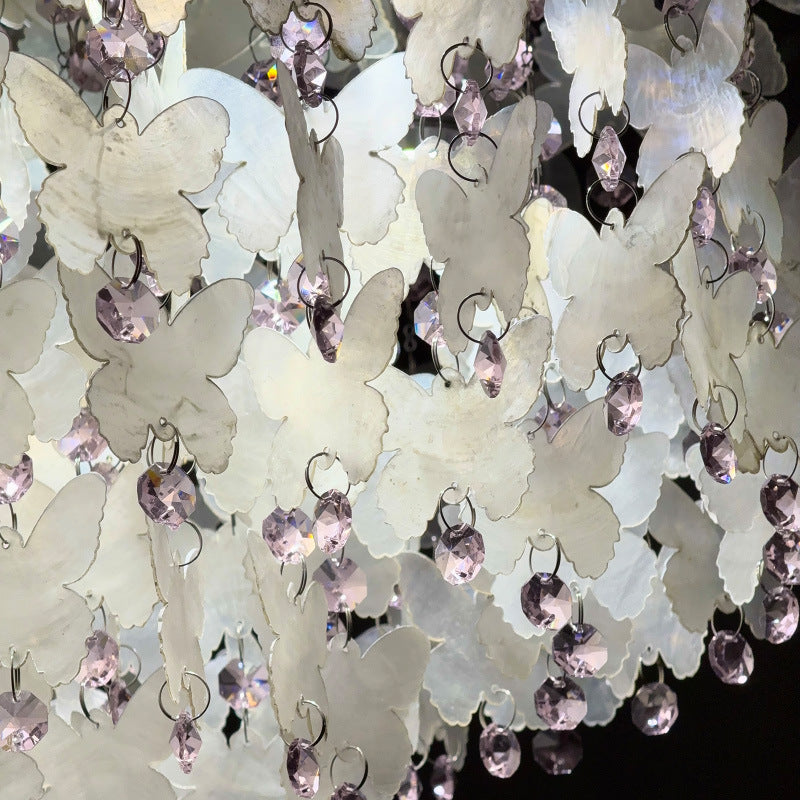 Contemporary Creative Stainless Steel Crystal Butterfly Shape Shell Wind Chime LED Flush Mount Ceiling Light For Bedroom