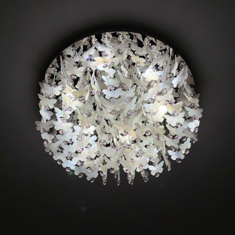 Contemporary Creative Stainless Steel Crystal Butterfly Shape Shell Wind Chime LED Flush Mount Ceiling Light For Bedroom