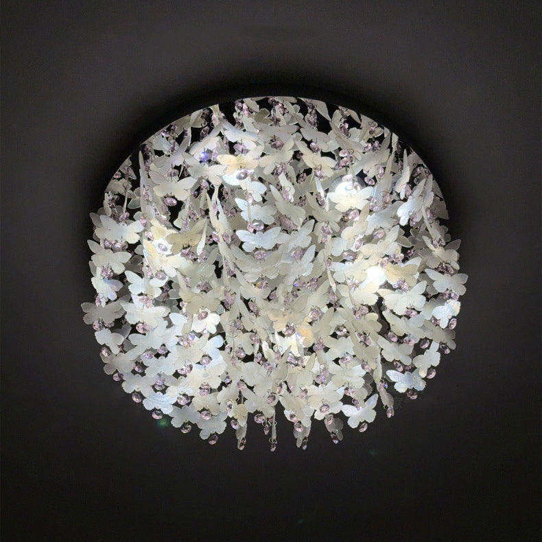 Contemporary Creative Stainless Steel Crystal Butterfly Shape Shell Wind Chime LED Flush Mount Ceiling Light For Bedroom