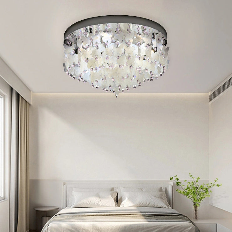 Contemporary Creative Stainless Steel Crystal Butterfly Shape Shell Wind Chime LED Flush Mount Ceiling Light For Bedroom