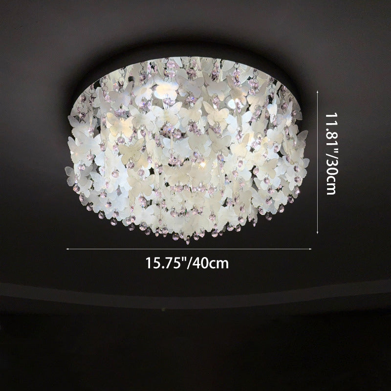 Contemporary Creative Stainless Steel Crystal Butterfly Shape Shell Wind Chime LED Flush Mount Ceiling Light For Bedroom