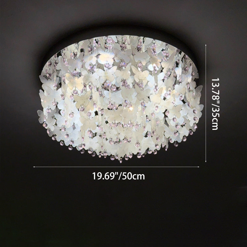 Contemporary Creative Stainless Steel Crystal Butterfly Shape Shell Wind Chime LED Flush Mount Ceiling Light For Bedroom