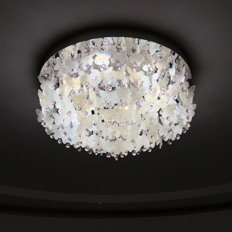 Contemporary Creative Stainless Steel Crystal Butterfly Shape Shell Wind Chime LED Flush Mount Ceiling Light For Bedroom