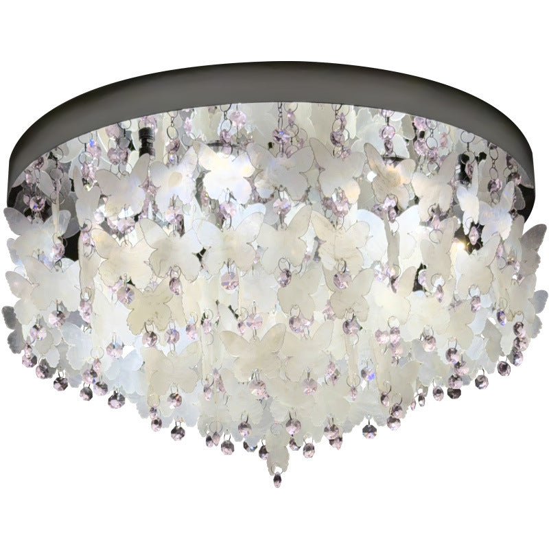 Contemporary Creative Stainless Steel Crystal Butterfly Shape Shell Wind Chime LED Flush Mount Ceiling Light For Bedroom