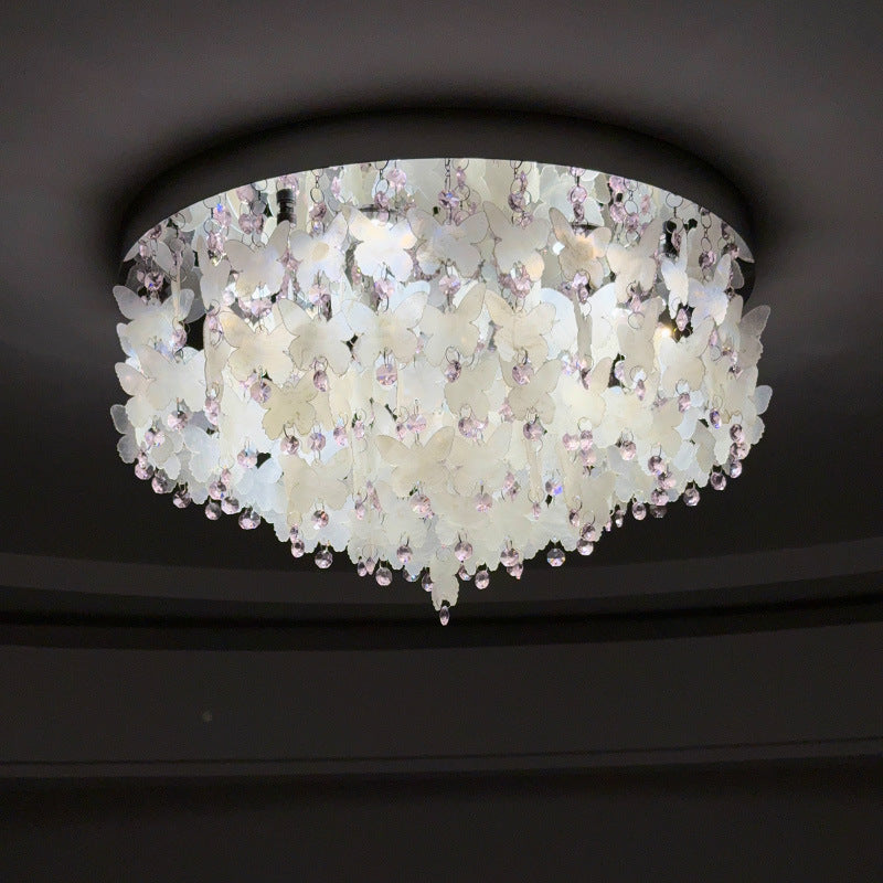 Contemporary Creative Stainless Steel Crystal Butterfly Shape Shell Wind Chime LED Flush Mount Ceiling Light For Bedroom