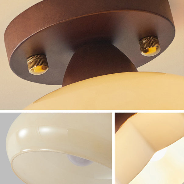 Contemporary Retro Petal Domed Round Vertical Grain Glass Shade Wood Frame 1-Light Semi-Flush Mount Ceiling Light For Living Room