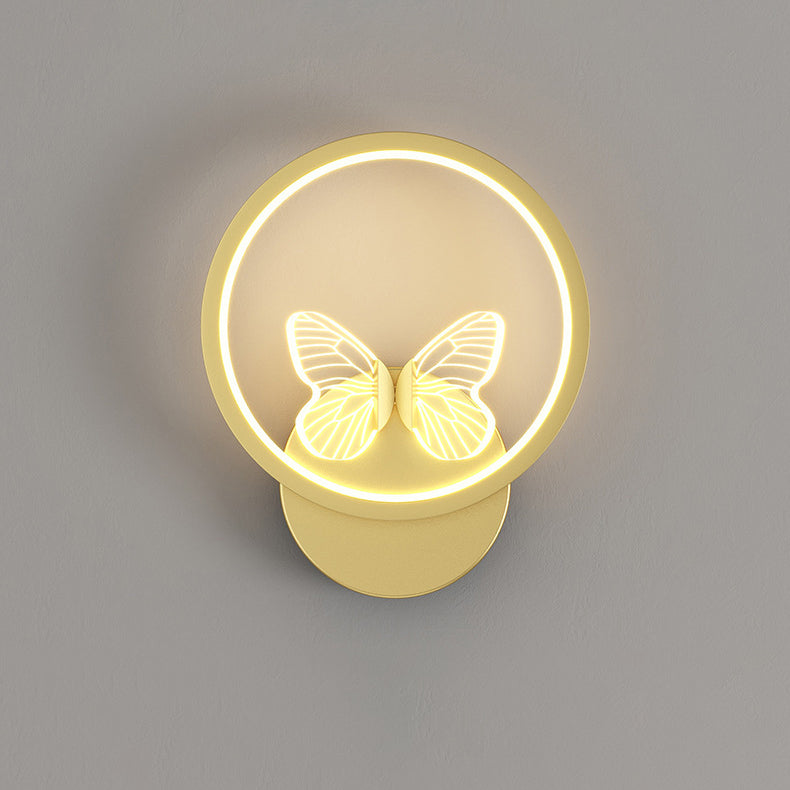 Contemporary Creative Enamel Iron Round Square Frame Butterfly LED Wall Sconce Lamp For Bedroom