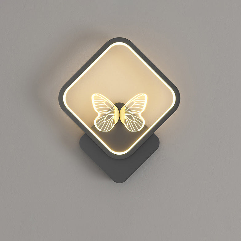 Contemporary Creative Enamel Iron Round Square Frame Butterfly LED Wall Sconce Lamp For Bedroom