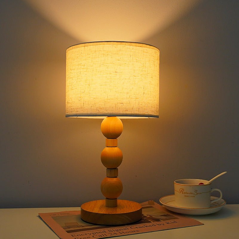 Contemporary Retro USB Cylinder Fabric Shade Wood Bead Base LED Table Lamp For Bedroom
