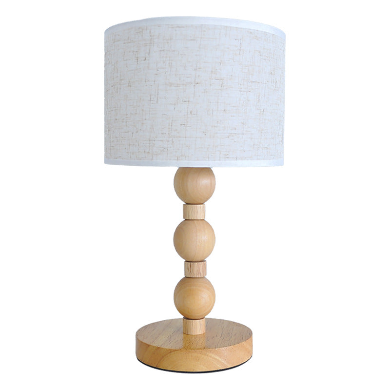 Contemporary Retro USB Cylinder Fabric Shade Wood Bead Base LED Table Lamp For Bedroom