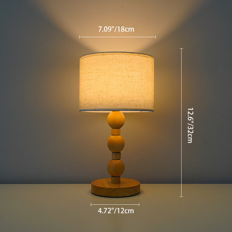 Contemporary Retro USB Cylinder Fabric Shade Wood Bead Base LED Table Lamp For Bedroom