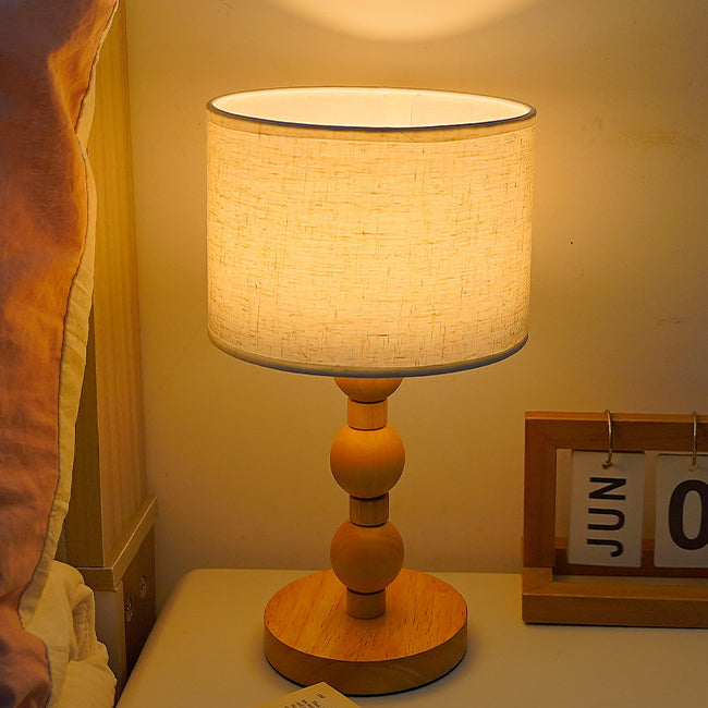Contemporary Retro USB Cylinder Fabric Shade Wood Bead Base LED Table Lamp For Bedroom