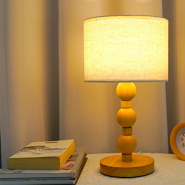 Contemporary Retro USB Cylinder Fabric Shade Wood Bead Base LED Table Lamp For Bedroom
