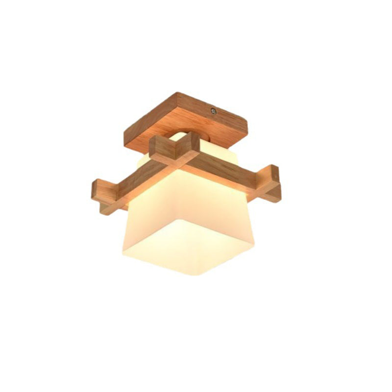 Traditional Chinese Trapezoid Glass Shade Wood 1-Light Semi-Flush Mount Ceiling Light For Bedroom