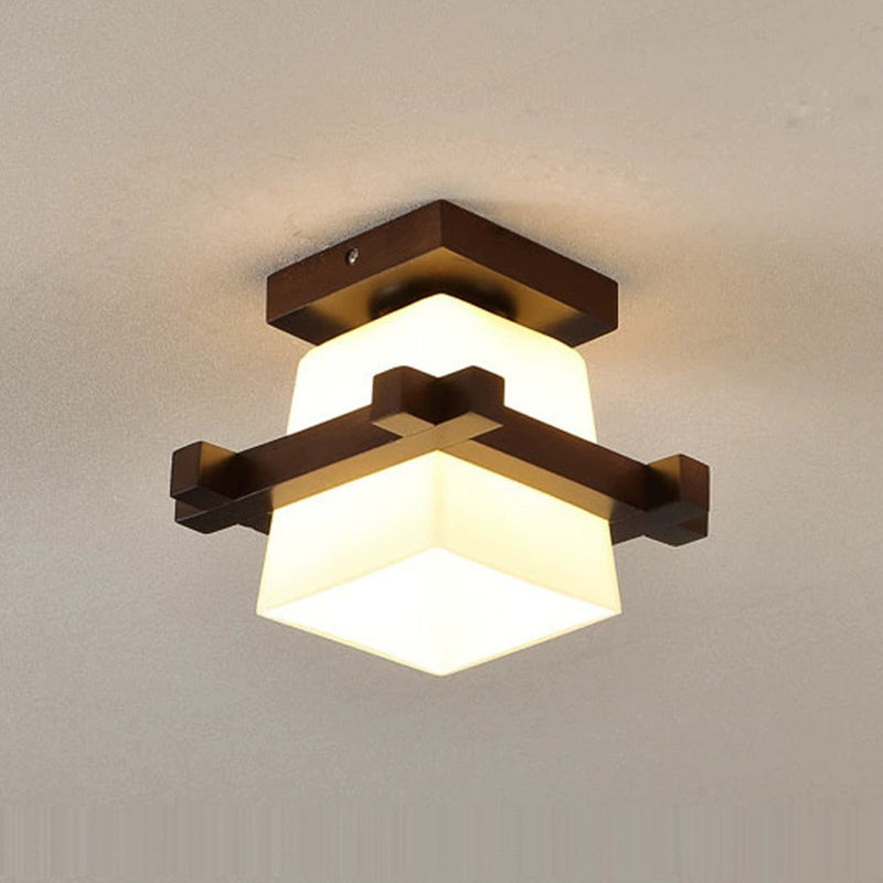 Traditional Chinese Trapezoid Glass Shade Wood 1-Light Semi-Flush Mount Ceiling Light For Bedroom