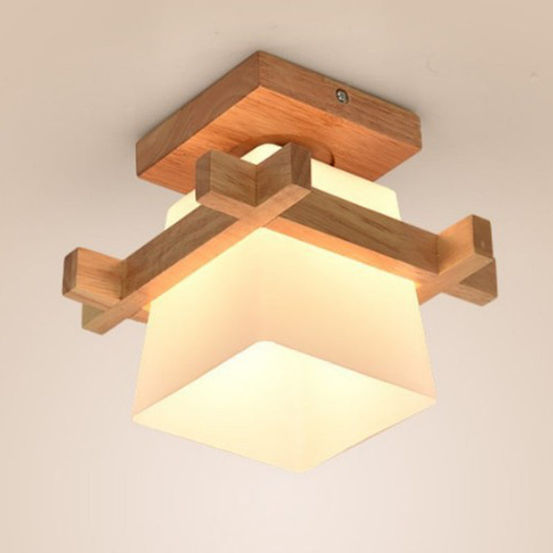 Traditional Chinese Trapezoid Glass Shade Wood 1-Light Semi-Flush Mount Ceiling Light For Bedroom