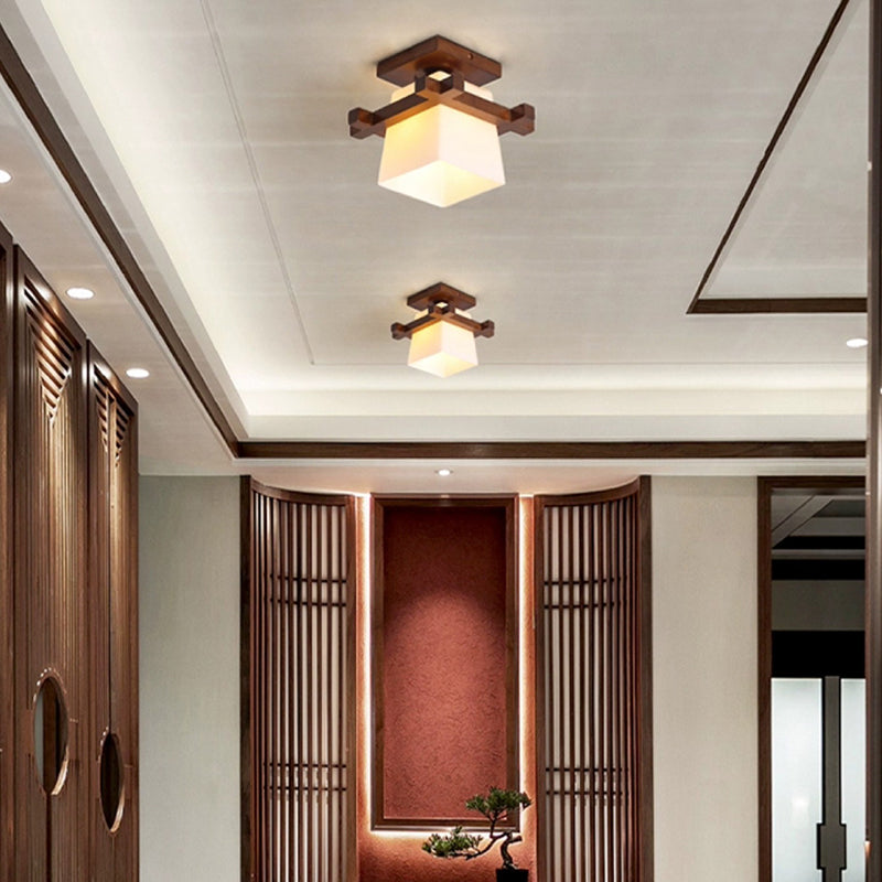 Traditional Chinese Trapezoid Glass Shade Wood 1-Light Semi-Flush Mount Ceiling Light For Bedroom