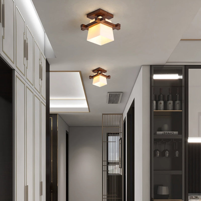 Traditional Chinese Trapezoid Glass Shade Wood 1-Light Semi-Flush Mount Ceiling Light For Bedroom