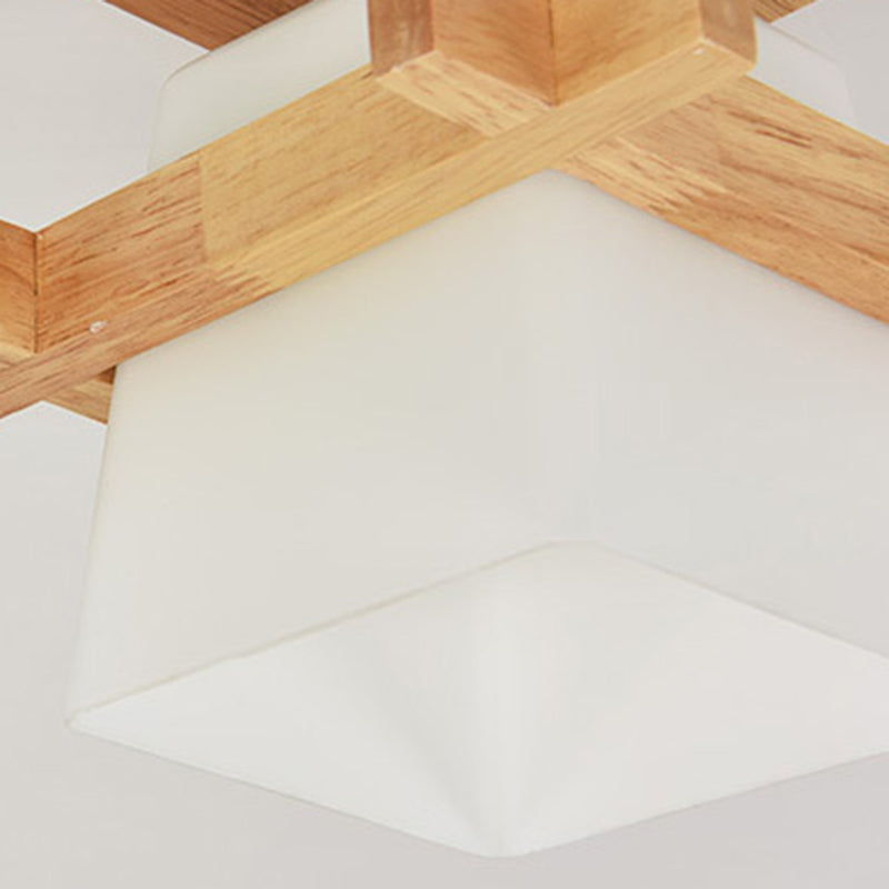 Traditional Chinese Trapezoid Glass Shade Wood 1-Light Semi-Flush Mount Ceiling Light For Bedroom