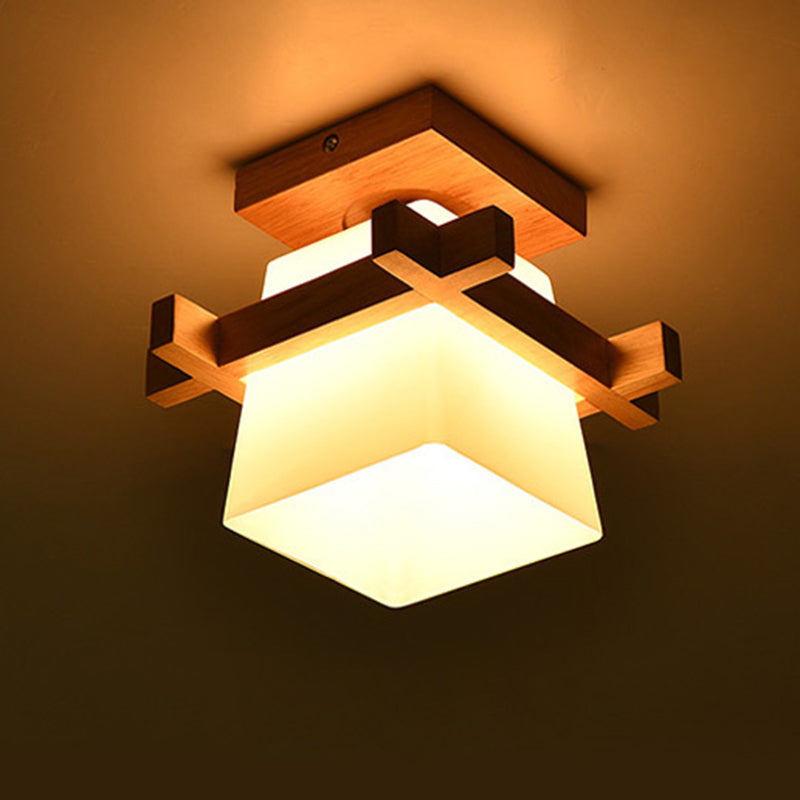 Traditional Chinese Trapezoid Glass Shade Wood 1-Light Semi-Flush Mount Ceiling Light For Bedroom