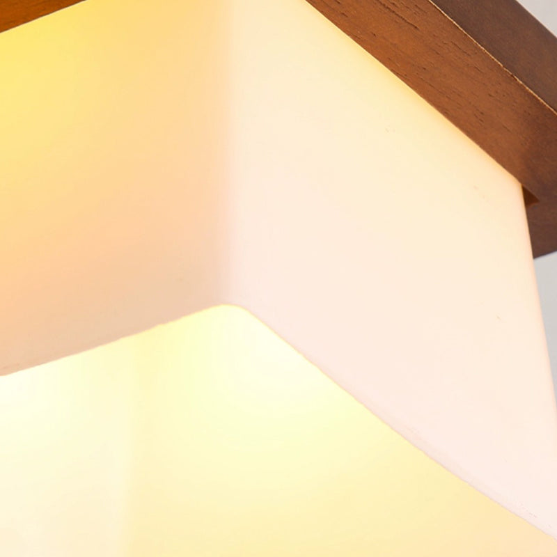 Traditional Chinese Trapezoid Glass Shade Wood 1-Light Semi-Flush Mount Ceiling Light For Bedroom