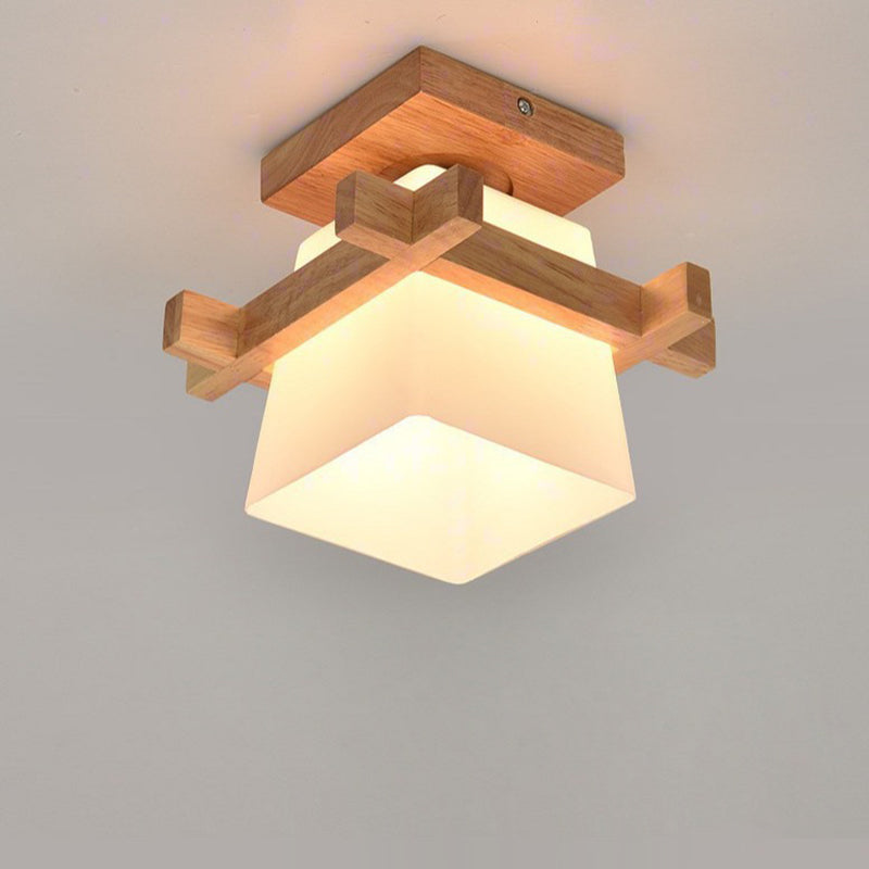 Traditional Chinese Trapezoid Glass Shade Wood 1-Light Semi-Flush Mount Ceiling Light For Bedroom