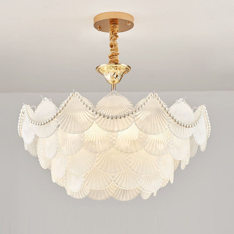 Traditional French Round Base Shell Pearl Frosted Glass Iron 5/7/9/12/21/8-Light Chandelier For Living Room