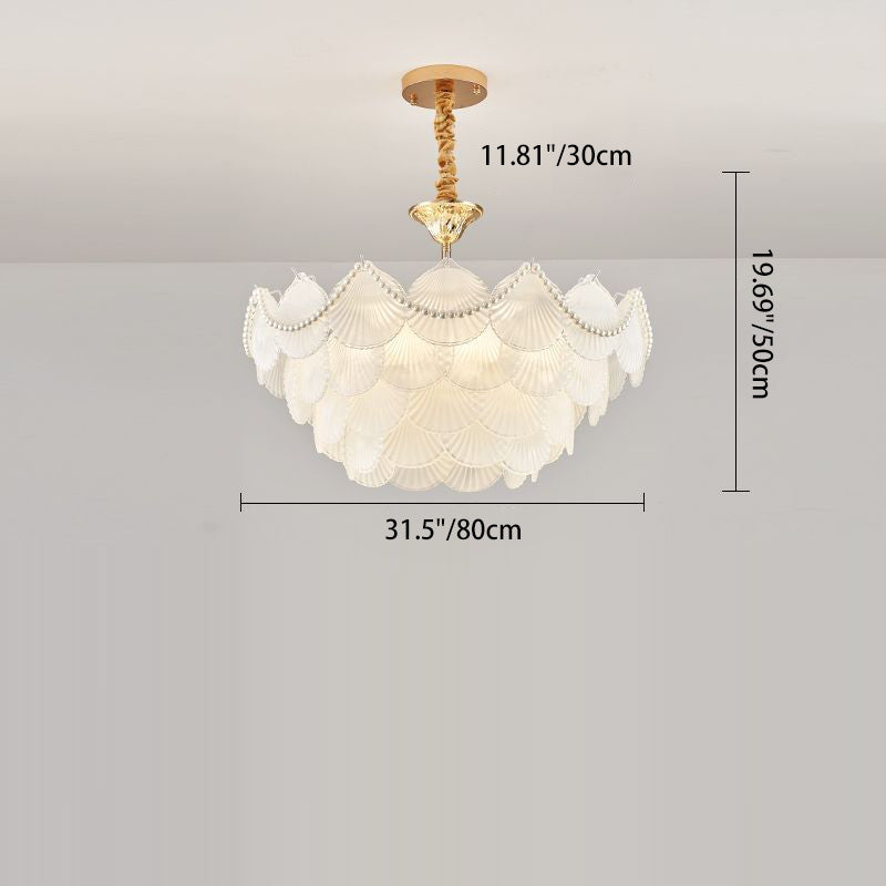 Traditional French Round Base Shell Pearl Frosted Glass Iron 5/7/9/12/21/8-Light Chandelier For Living Room