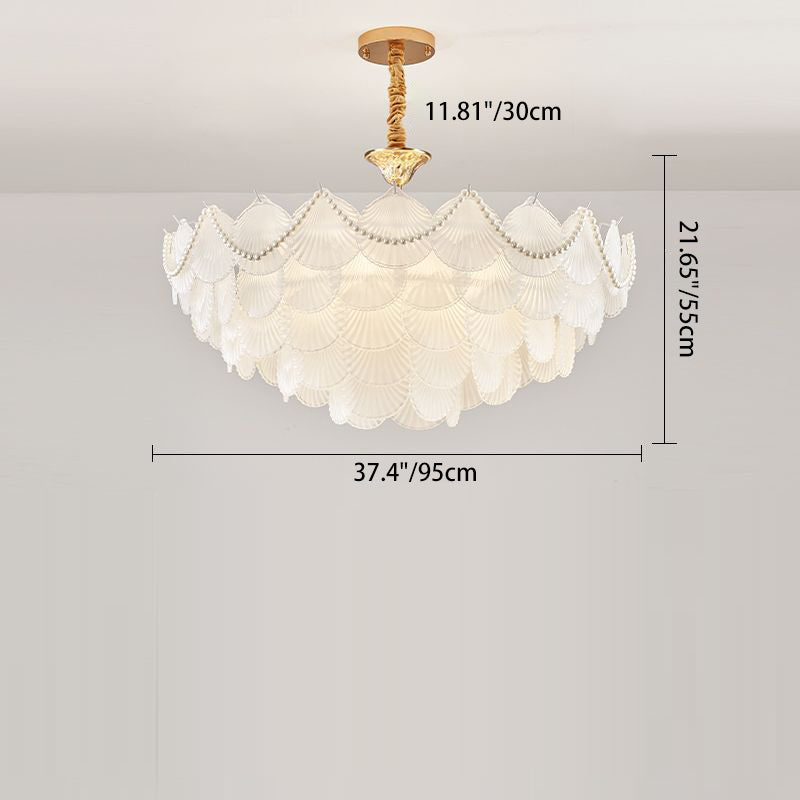 Traditional French Round Base Shell Pearl Frosted Glass Iron 5/7/9/12/21/8-Light Chandelier For Living Room