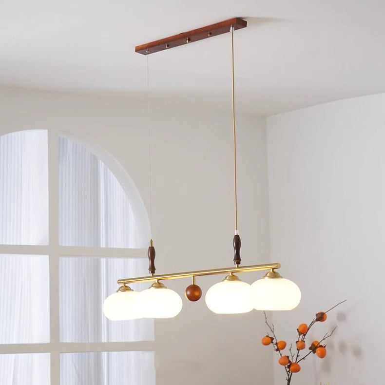 Traditional Vintage Wood Iron Glass Persimmon Round 3/4-Light Chandeliers Island Light For Living Room