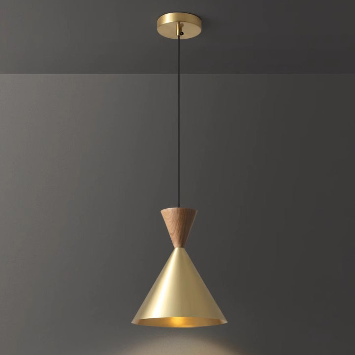 Contemporary Luxury Conical Dome Brass Wood 1-Light Pendant Light For Living Room