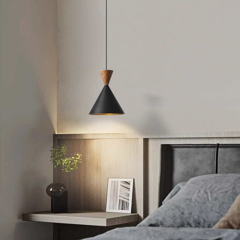 Contemporary Luxury Conical Dome Brass Wood 1-Light Pendant Light For Living Room