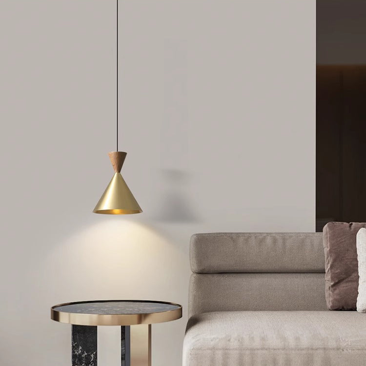 Contemporary Luxury Conical Dome Brass Wood 1-Light Pendant Light For Living Room