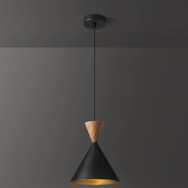Contemporary Luxury Conical Dome Brass Wood 1-Light Pendant Light For Living Room