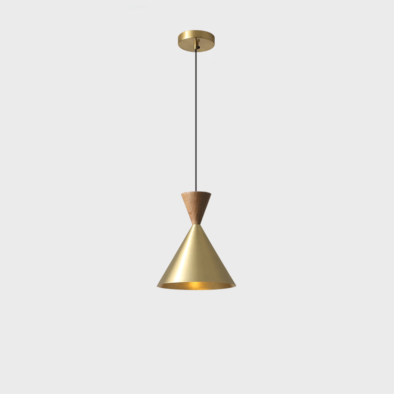 Contemporary Luxury Conical Dome Brass Wood 1-Light Pendant Light For Living Room