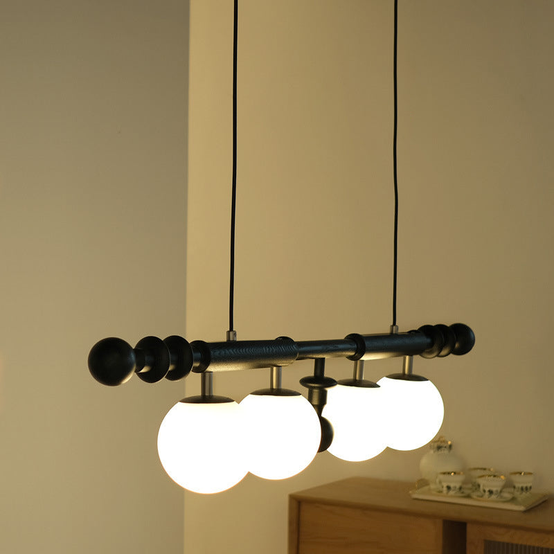 Contemporary Retro Wood Column Glass Ball Dome 4-Light Island Light Chandelier For Dining Room