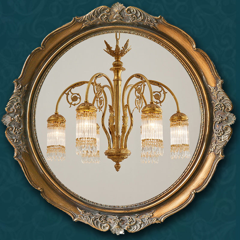 Traditional Vintage Cylinder Branch Feather Copper Glass Crystal 6-Light Chandelier For Living Room