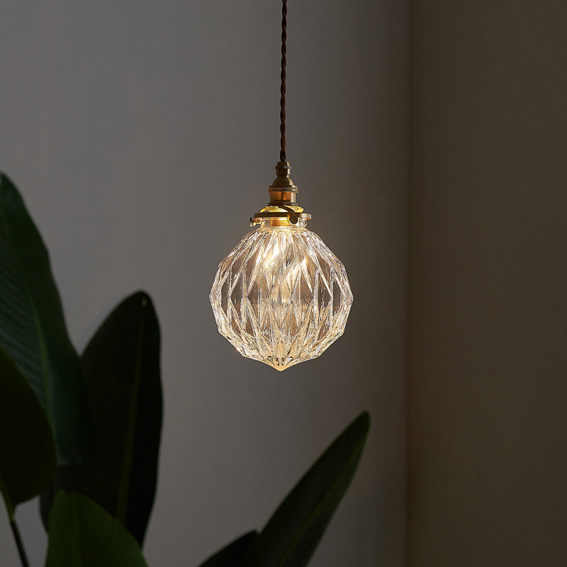 Traditional Vintage Diamond Sphere Cylinder Brass Glass 1-Light Pendant Light For Bedroom