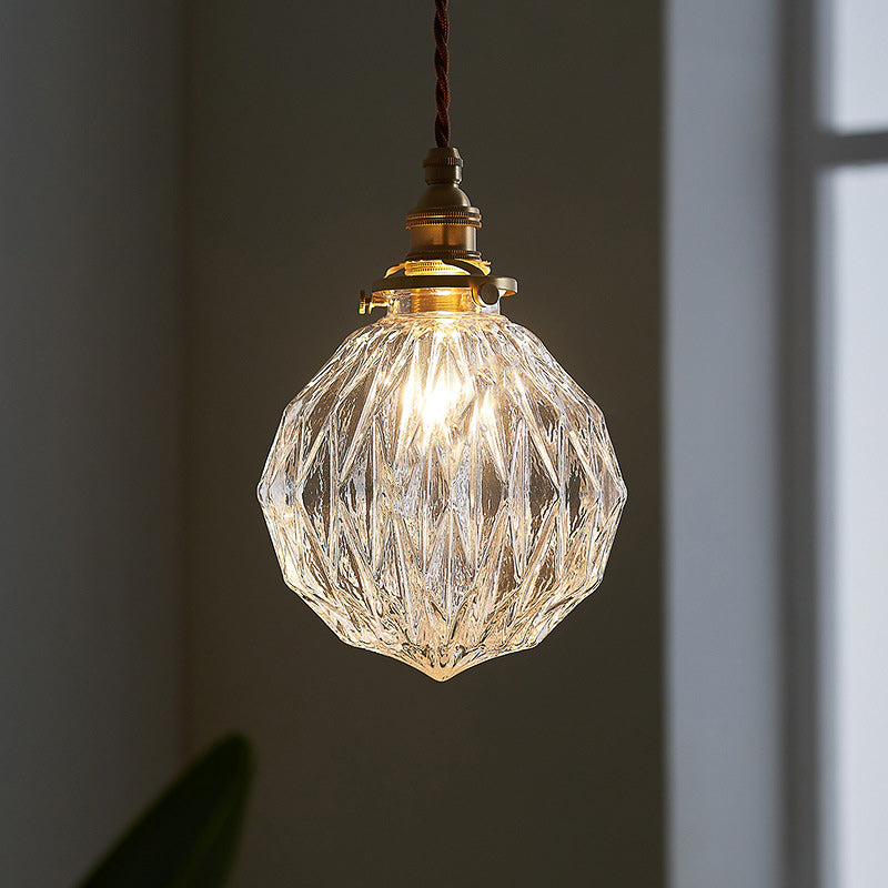 Traditional Vintage Diamond Sphere Cylinder Brass Glass 1-Light Pendant Light For Bedroom