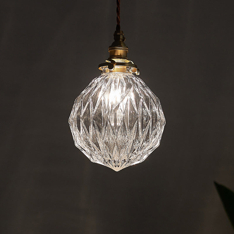 Traditional Vintage Diamond Sphere Cylinder Brass Glass 1-Light Pendant Light For Bedroom