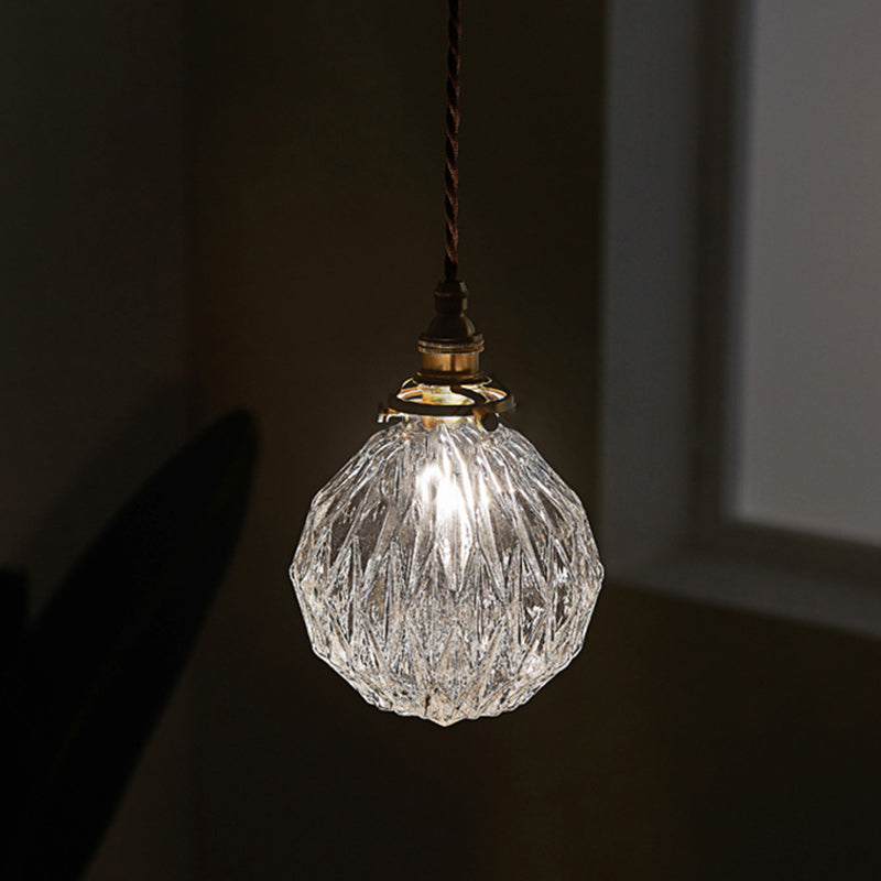Traditional Vintage Diamond Sphere Cylinder Brass Glass 1-Light Pendant Light For Bedroom