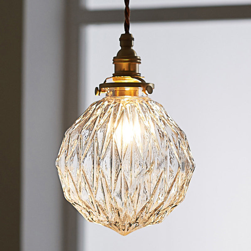 Traditional Vintage Diamond Sphere Cylinder Brass Glass 1-Light Pendant Light For Bedroom