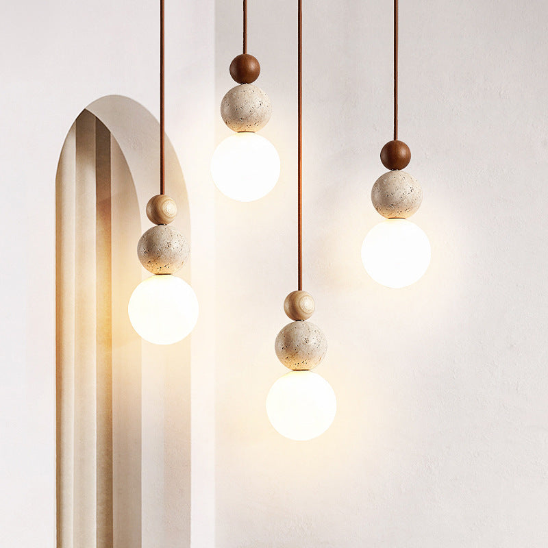 Traditional Vintage Spherical Multi Tier Solid Wood Yellow Travertine Glass 1-Light Pendant Light For Bedroom