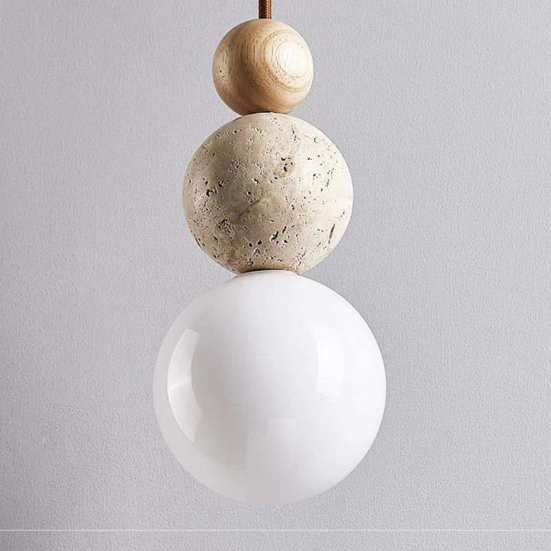 Traditional Vintage Spherical Multi Tier Solid Wood Yellow Travertine Glass 1-Light Pendant Light For Bedroom