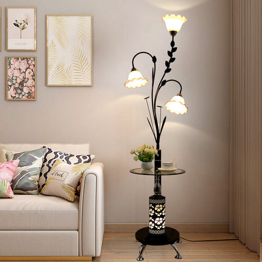 Contemporary Scandinavian Round Cylinder Flower Chandelier Iron Glass 3-Light Standing Floor Lamp For Living Room
