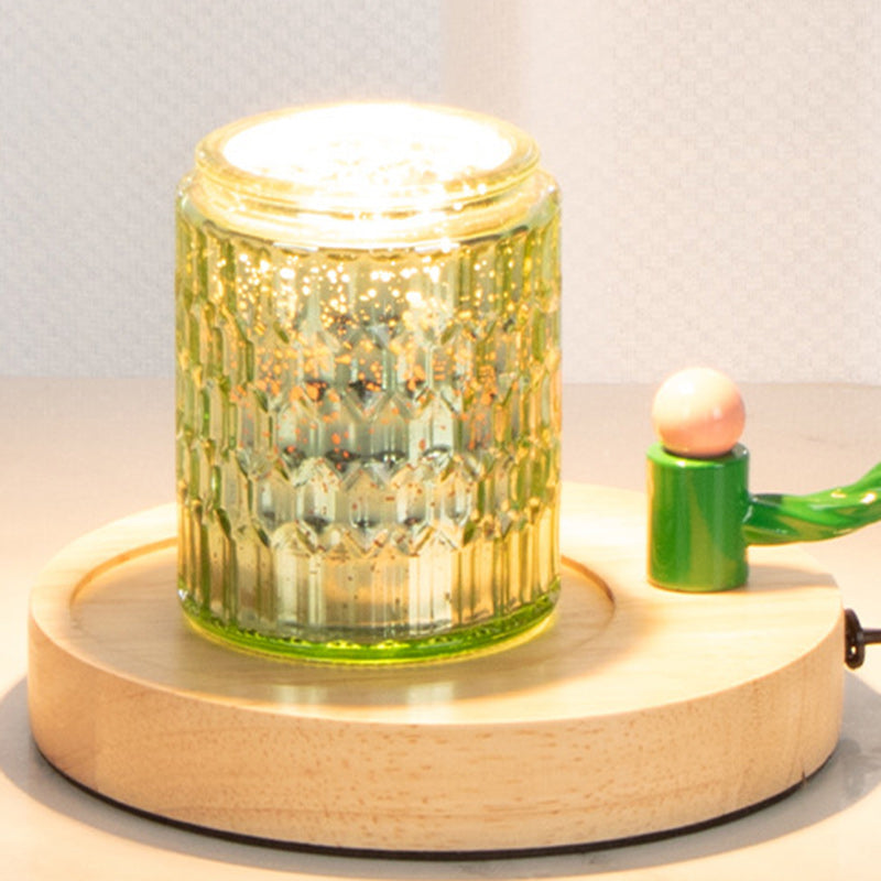 Contemporary Scandinavian Cylinder Bellflower Disc Base Wood Glass 1-Light Melting Wax Table Lamp For Bedroom